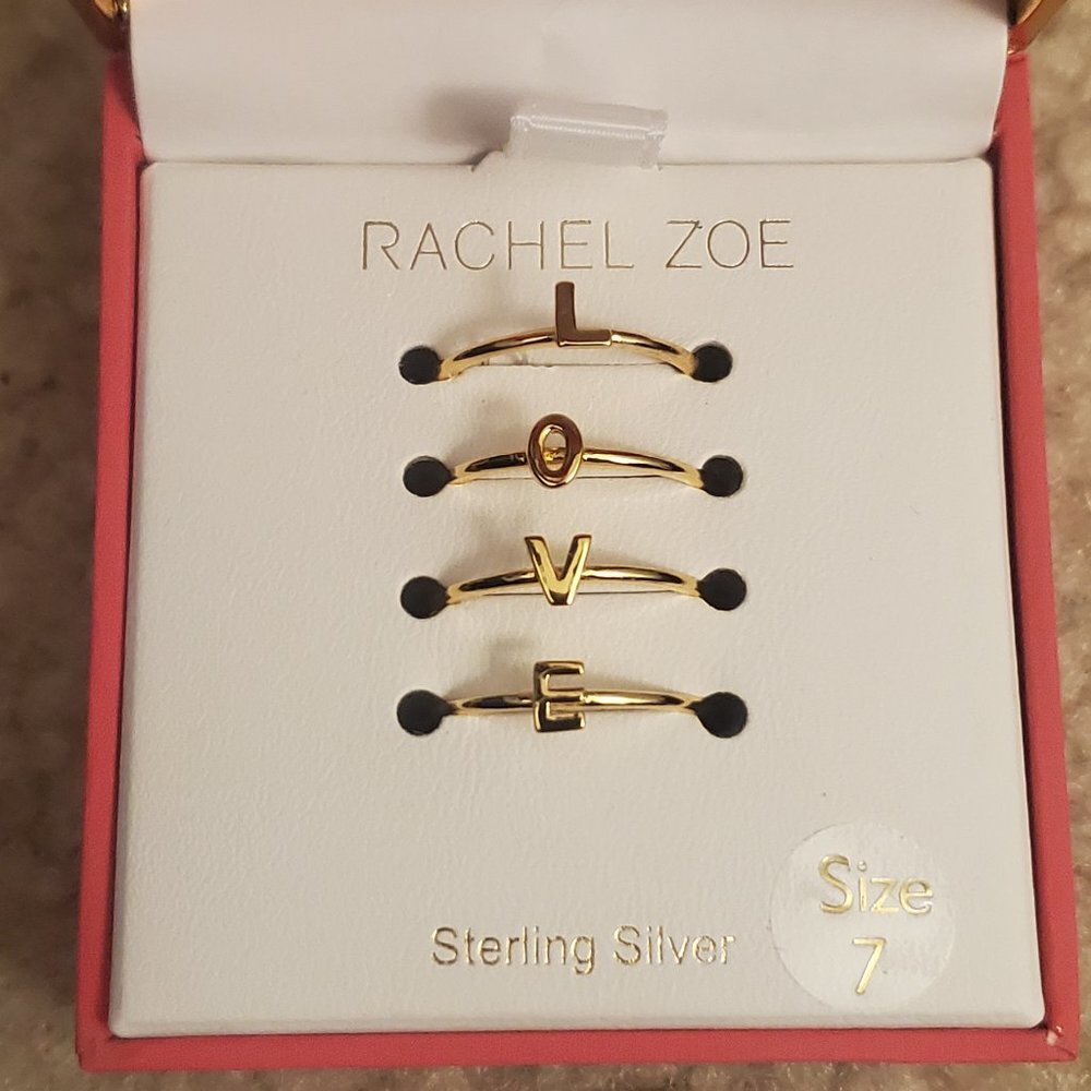 NIB Rachel Zoe Sterling Silver Vermeil Cubic Zirconia LOVE Stacking Rings Sz 7